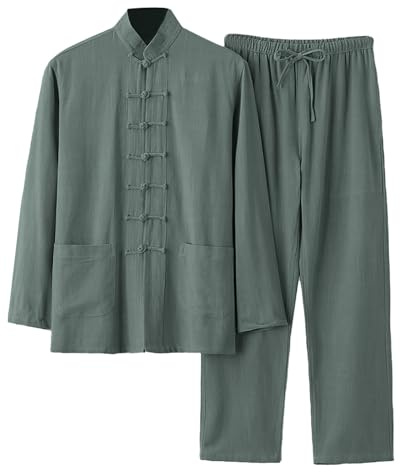 Traje de Tai Chi para hombre Tang Traje Estilo Chino Manga Larga Algodón Lino Camisa+Pantalones 2 Divisiones Ropa Tradicional Artes Marciales Transpirable Kung Fu Uniforme Conjunto Tangzhuang