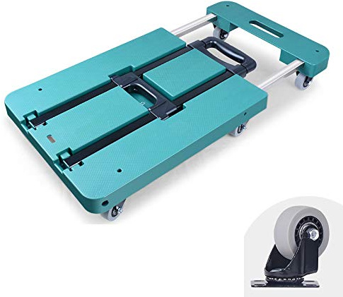 Portable Folding Hand Truck Trolley, Adjustable Flatbed Cart for Car Travel, Lightweight Multi-Functional Push Cart for Easy Transport, Compact Black Design, Ideal for Grocery & Luggage