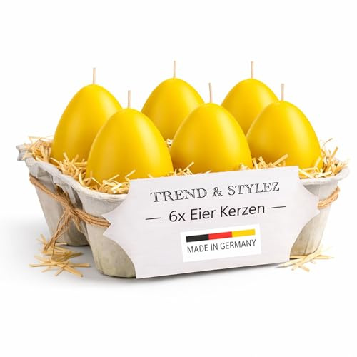 6 Eierkerzen im Set (60x45mm) | Handgetauchte Osterkerzen | Made in Germany | RAL-zertifiziert | 7h+ Brenndauer | Frühlingsdeko & Geschenkidee (Gelb)