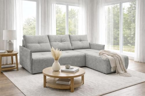 AXLIVING Ecksofa Damascus Hellgrau mit Schlaffunktion Bettkasten Schlafsofa 212 cm rechts