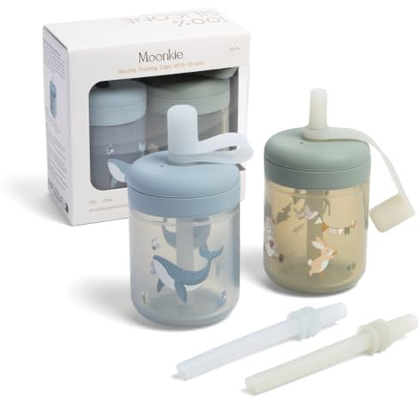 Moonkie Tasse d'Apprentissage Bébé avec Paille en Silicone, Lot de 2 Gobelets Bébé 150 ml Dès 6 Mois, Gourde Anti-Fuite avec 2 Pailles à Débits Différents, Couvercle et Graduations, Sans BPA