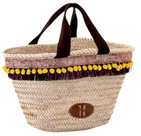 Alviero Martini 1A Classe Borsa Mare in Rafia Intrecciata, Geo, Marrone, 48 x 30 x 15 cm, con Pompon Gialli e Frange