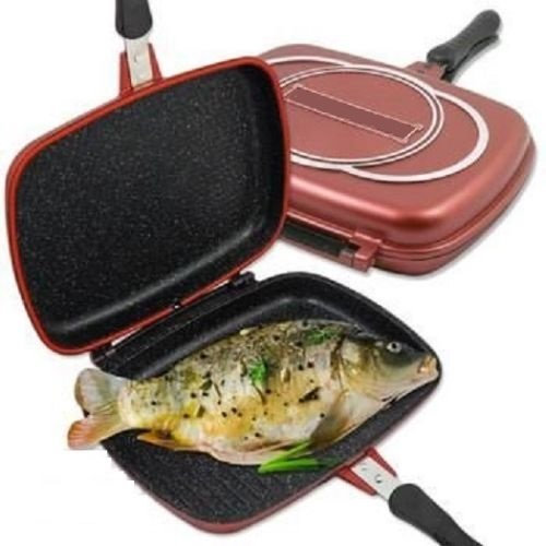 DOPPIA PIASTRA PENTOLA GRIGLIA INDUZIONE RIVESTIMENTO EFFETTO PIETRA ANTIADERENTE MULTIUSO PER GRIGLIATE CARNE PESCE UOVA E TANTO ALTRO 34CM MOD RL-DF34M