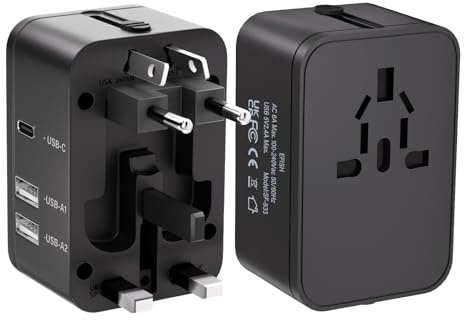 Travel Plug Adapter with 2 USB A+1 USB C,Universal All in One Worldwide Travel Adapter,Power Converters Wall Charger,AC Power Plug Adapter,International Power Adapter for USA EU UK AUS Black