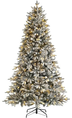 WeRChristmas Pre-Lit Slim Snow Flocked Christmas Tree with 450 Chasing Warm LED Lights, Multi-Colour, 7 feet/2.1m | Over 2,200 Tips, 450 LEDs, 8 Light Settings, Slim 117cm Base, Prelit Snow Flocked Christmas Tree 7ft, 2.1m