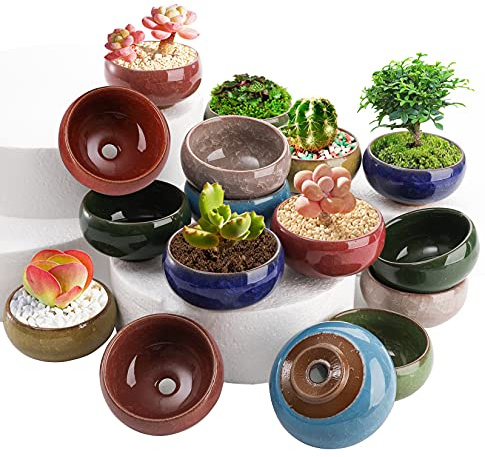 TOPZEA 16 Pack Mini Succulent Planter Pot, 2.5 Inch/6.3CM Ceramic Ice Crack Cactus Seed Starter Pots Micro Landscape Planter with Drainage Hole & Bamboo Tray for Moss Plant, Baby Succulent, Herb