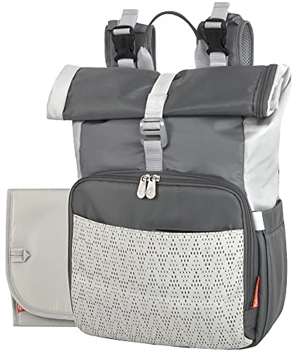 Fisher-Price Multi-Pocket (13) Grau Roll-Top Wickeltasche Rucksack mit tragbarem Wickelunterlage, Kinderwagengurte, Reinigungstücher, Flasche, Tablet-Taschen, grau
