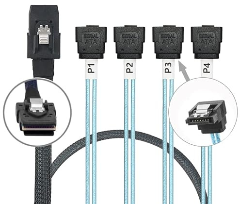 WLGQ Câble de transfert de données interne Mini SAS SFF-8087 (36 broches) vers 4 x SATA 7 broches coudé à 90° – 0,5 m – hôte vers fond de panier/cible