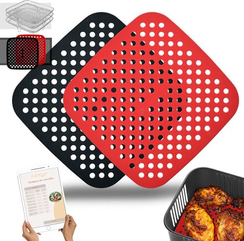 FRYUP® Alfombrillas Silicona Premium Freidora de Aire Cuadrada [21x21cm] [2 Unidades] - Compatible con COSORI y CECOTEC - 4,7L, 5,5L, 6,4L - Silicona Air Fryer - Accesorios Freidora Sin Aceite