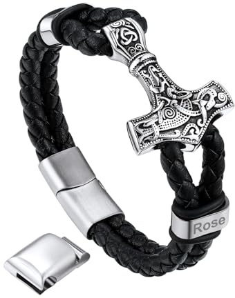 Bandmax Corda di Cera Bracciale Uomo Vichingo, Martello del Tuono/Cranio/Massonico Modello Vintage Braccialetto Uomo, 21/23 cm Bracciali Argento/Nero, Personalizzato Regalo per Ragazzo