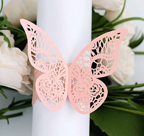 qbodp Einweg-Serviettenringe,100Er-Set,Ausgehöhlte Makramee-Serviettenring Für Hochzeit,Tischdeko-Accessoires,Schmetterlings-Serviettenschnallen Aus Papier,Rosa