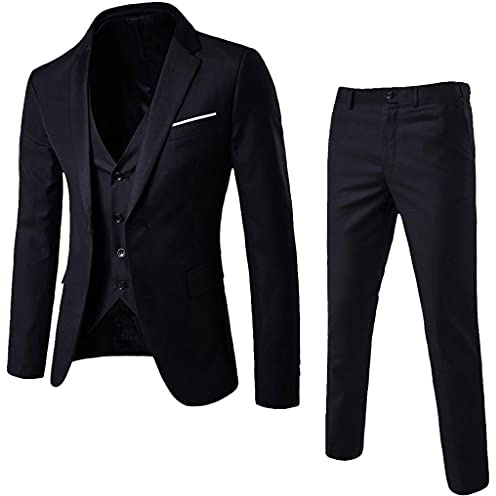 Herren Anzug 3 Teilig Modern Fit Hochzeit Anzüge Komplett Business Blazer 3-teiliger Jacke Weste Hosenanzug Slim Fit Männer Vintage Party Klassisch Charmant Sets Herrenanzug Set (Schwarz, XXL)
