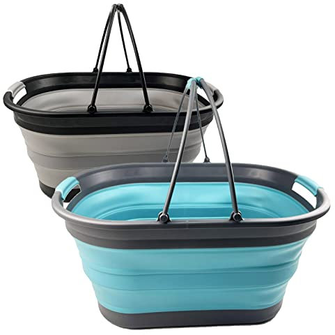 SAMMART 38L zusammenklappbarer Wäschekorb aus Kunststoff – ovale Wanne/Korb – faltbarer Aufbewahrungsbehälter-tragbare Waschwanne – platzsparender Wäschekorb (Legierungsgrau + Kristallblau (2er-Set))