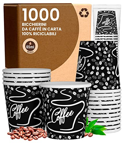 1000 Bicchierini in Carta da caffè 65ml BlackCUP Bicchieri Ecologici Biodegradabili Monouso Piccoli Asporto Bevande Calde