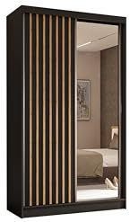 ALTDECOR Kleiderschrank mit Spiegel und Schiebetüren, kugelgelagerte Führungsschienen und Aluminium-Leisten - LAMELO - 120 cm Schwarz + Schwarz+ Artisan