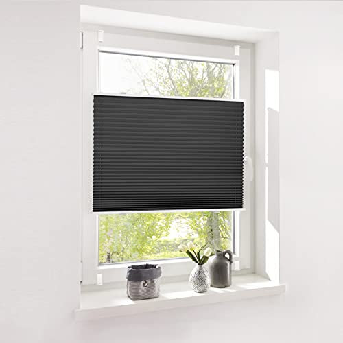 Deswell Plissee ohne Bohren Plisseerollo klemmfix Schwarz B80 x H110 cm Plisseerollo Stoff Sonnenschutz Leicht zu Montieren & Verspannt kinderleichte Montage 4Locks für Fenster & Tür