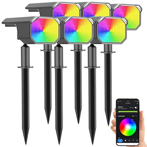Luminea Home Control Erdspieß Strahler Solar: 6er-Set smarte Solar-Spots, RGB-CCT-LED, 100 lm, 2.200 mAh, 1 W, IP65 (Solarstrahler mit App, LED Solarspot, iPad)