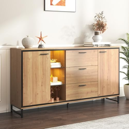 Modernes LED-Sideboard / TV-Schrank160 cm im Holz-Optik, Wohnzimmer Kommode Küchenbuffet mit 3 Schubalden und Türen, Glasböden, Landhausstil, mit schwarzen Metallbeinen, für Esszimmer und Küche, Natur
