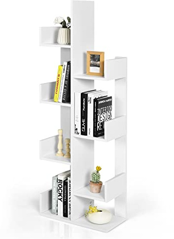 HOMASIS Bücherregal in Baumform, Standregal mit 8 Ebenen, multifunktional Raumteiler Regal mit 8 fächern, Lagerregal Holz, Aufbewahrungsregal für Wohnzimmer Schlafzimmer Büro, 50x25x145cm (Weiß)