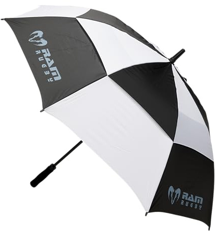 Ram Rugby Premium Umbrella – 8 Panel Black & White Large Umbrella with Vented Top – 135 cm Diameter, Push Button Instant Open, Fibre Glass FRAMe, Rubber Chevron Grip Handle – Includes Sheath
