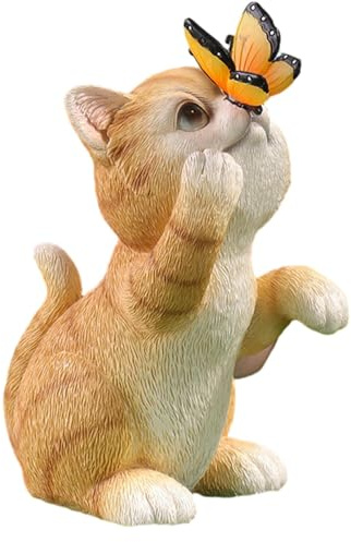 Milageto Statua di Gatto da Giardino Decorazione Farfalla Luce Solare Regalo di inaugurazione della casa Figurina di Gattino Scultura di Animali per Patio, Giallo