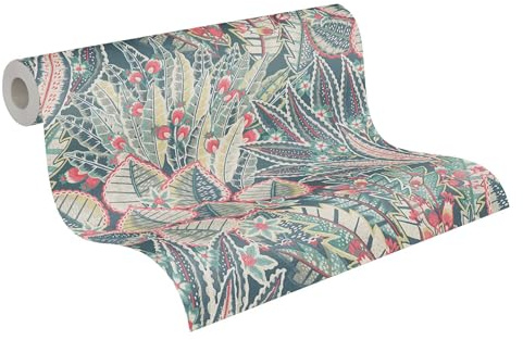 Livingwalls Palmenblatt-Vliestapete – Blau, Rot, Gelb – 10,05 x 0,53 m | Florales Palmenblatt-Motiv als natürlicher Blickfang – matte Motivtapete, einfach zu verkleben & spurlos abziehbar