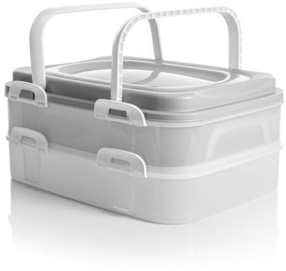 BigDean Partycontainer mit 2 Etagen und Hebeeinsatz – für Backwaren, Snacks & Kuchen geeignet – Kuchentransportbox ideal für Feierlichkeiten – lebensmittelecht & Made in Europa (Pastell Grau)