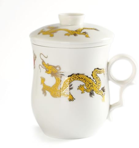 GOARTEA Porzellan-Tee-Ei Tasse mit Deckel, 300 ml, Keramik-Teetasse, handgefertigtes Muster auf losen Blättern, Teetasse, Teetasse, Teetasse mit goldenem chinesischem Drachenmuster (weißer, goldener