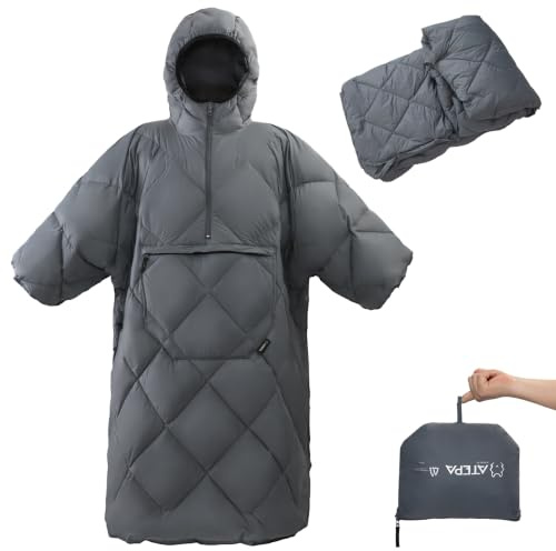 ATEPA 3-i-1 camping poncho filt, bärbar sovsäck, ultralätt, grå | Lätt utomhusfilt gjord av återvunnet material. Perfekt för camping, vanlife, resor, festivaler och stadion.