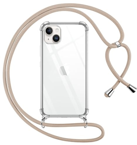 Pnakqil handyband für iPhone 14/iPhone 13 Hülle mit Band, Transparent Weich Silikon mit Kordel Necklace Schnur Anti-Fall Bumper Schutzhülle Case Kompatibel mit iPhone 14/13 6.1, Khaki