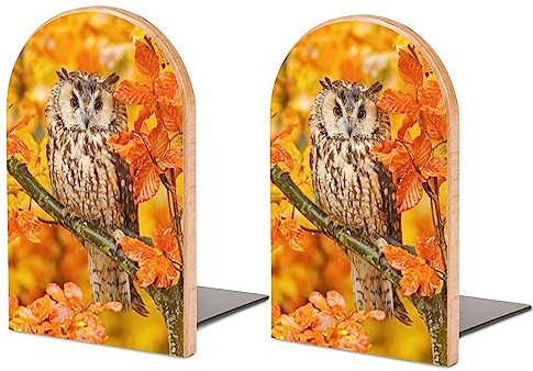 Buchstütze, Motiv: Herbst-Eule, Vogelblätter, Premium-Holz + Metall, L-Form, dekorative Buchstütze, Buchstütze für Bücherregal, Schreibtisch, Klassenzimmer, Küche, Zuhause