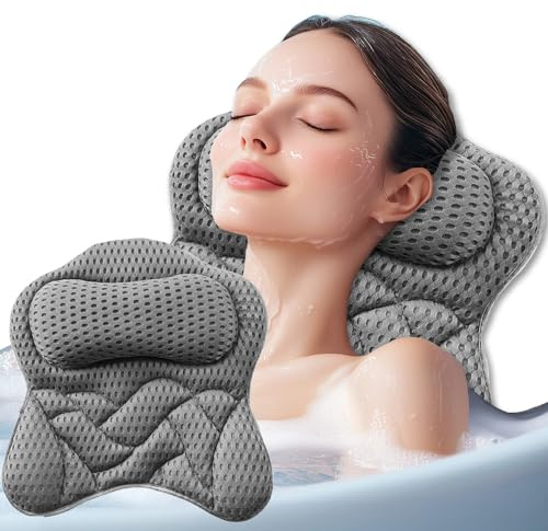 Gevvnss Badewannenkissen mit 6 Saugnäpfen,Ergonomische Mesh Nackenkissen für Badewanne,Nackenkissen Badewanne Kopfkissen Komfort Badekissen für Home Spa und Badewannen,Grau