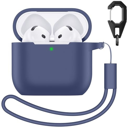 Charlam Custodia Silicone per AirPods 4, Morbida Case Integrale Che Copre la Custodia Protettiva Antiurto per Cover Airpods 4 Generazione con Cordino e Portachiavi, LED Frontale Visibile, Blu Scuro
