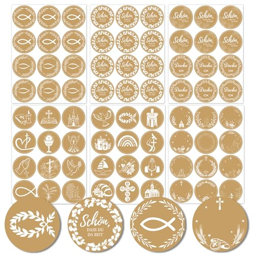 HOWAF 24 Bögen-288pcs Aufkleber Kommunion Konfirmation Taufe, Fisch Aufkleber Schön dass du da bist, Sticker Kommunion Danke für Erstkommunion Taufe Konfirmation Deko, Braun