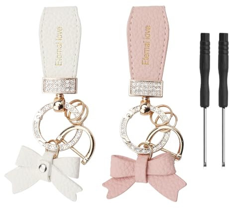 APOMOONS 2 Stück Schlüsselanhänger Leder mit Schleife, Gold Taschenanhänger Damen mit Anti Verlust D Schnalle, Pu-Leder Auto SchlüSselanhäNger Schleife, Glitzernder Bag Charms, Rosa, Weiß