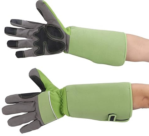 DriKou Arbeitshandschuhe für den Garten, schnittfeste, stichfeste und durchstichfeste Schnitthandschuhe, strapazierfähig, langärmlig, gepolstert, mit Unterarmschutz, Grün, 39,4 x 16 cm