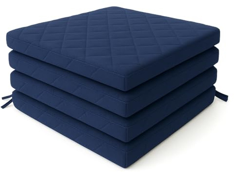 4Pcs Quilted Dining Garden Chair Seat Pads with Ties for Kitchen, Living Room, Patio, Office – Indoor Outdoor Foam Cushions with Removable Covers (Navy Blue)