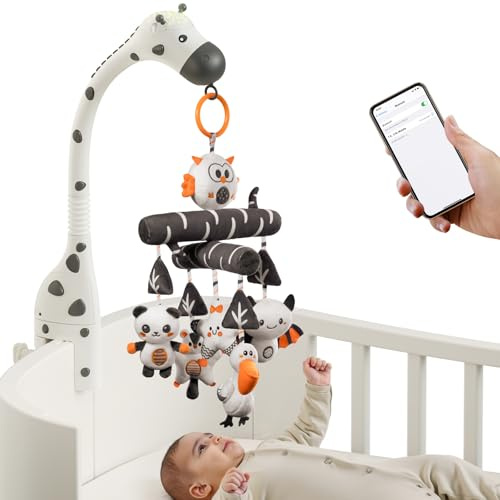 TUMAMA Juguete móvil para cuna de bebé de 0 a 3, 6 9 meses, juguete para cuna de bebé de alto contraste con luz nocturna con proyector, música y ruido blanco, Peluche animal blanco y negro para colgar