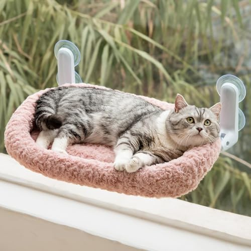 EDAGNY Fensterliege für Katzen Rosensamt zum Sonnenbaden und Betrachten - Faltbarer Katzen Fensterliege mit Waschbarem und Wendbarem Bezug - Stabiles Stahlgestell für bis zu 15kg, Rosa M