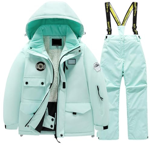 Generisch Traje de esquí infantil de forro polar, chaqueta y pantalón, equipo de invierno para niñas, deportes de nieve, actividades, verde, 10-12 años