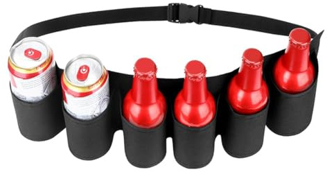 OIXEYA Portabler Trinker Bier Soda Gürtelhalter für 6 Getränke, Verstellbarer Bierhalter, Biergürtel, Verstellbarer Gürtel, Für Camping, Wandern, Outdoor, Party, Karneval (Schwarz)