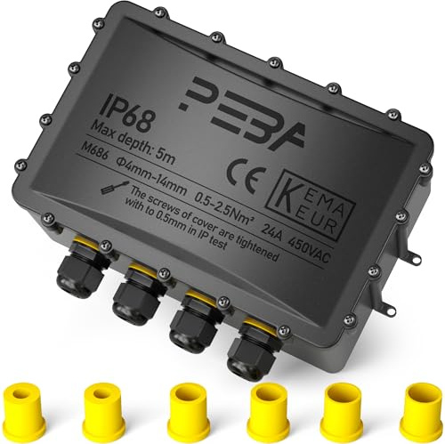 PEBA Abzweigdose Wasserdicht IP68, Große Ausführung – 4-Wege Kabelverbinder für Erdkabel (4-14mm Durchmesser), Verteilerdose Außen für Garten & Outdoor, Schwarz
