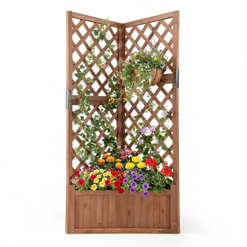 TANGZON Raised Garden Bed with Trellis, Wooden Triangular Planter Box with Drainage Hole, Outdoor Corner Freestanding Flower Pot Plant Climbing Rack for Patio Backyard (Brown, 50 x 50 x 140 cm)