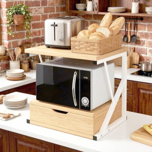 2-Tier Standing Baker's Rack with Drawer, Countertop Microwave Oven Shelf