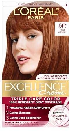 L'Oreal Paris Excellence Crème Permanent Hair Dye, Triple Care Hair Color with Hyaluronic Acid for 100% Gray Coverage, 6R Light Auburn, 1 Kit (Packaging May Vary)