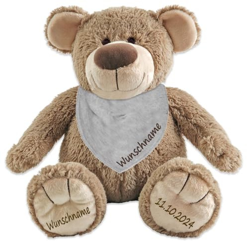 Elefantasie Geschenkset Teddybär mit Halstuch Stofftier Teddy und Baby Dreieckstuch im Set mit Namen personalisiert Verschiedene Ausführungen (Grau)