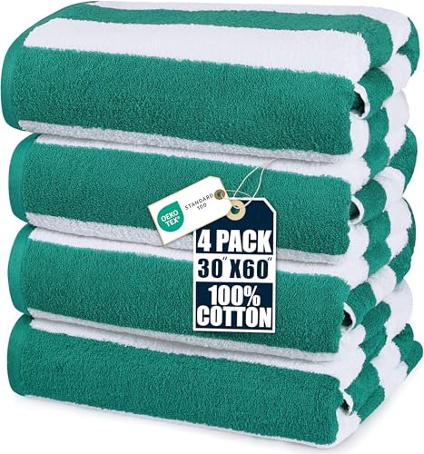 Utopia Towels Pack of 4 Cabana Beach Towels, Oversized 30 x 60 Inches Cotton Beach Towel Set, Smooth Ring Spun Texture for Pool and Swim Days, Modern Striped Design Bath Towels, Green