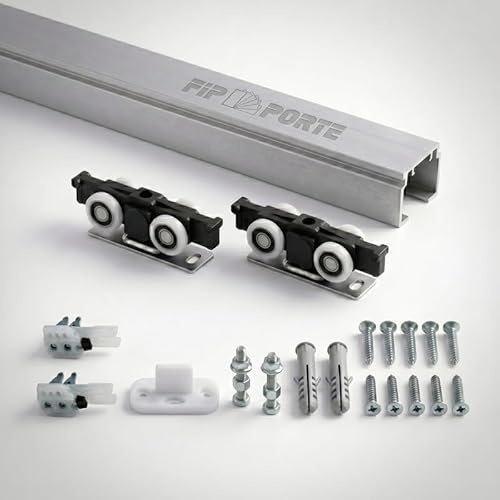 FIP Porte, Binario Porta Scorrevole Silver Portata 120 kg, Kit Alluminio Anodizzato, Fissaggio a Soffitto o Parete, Scorrimento Silenzioso, Misure da 120 a 300 cm, (200 cm, Silver fissaggio superiore)