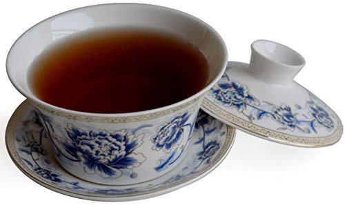 YXHUPOT Gaiwan Blue White Porcelain Teacup Sancai Tea Cup Saucer Cover Set Showy Peony (300ml)