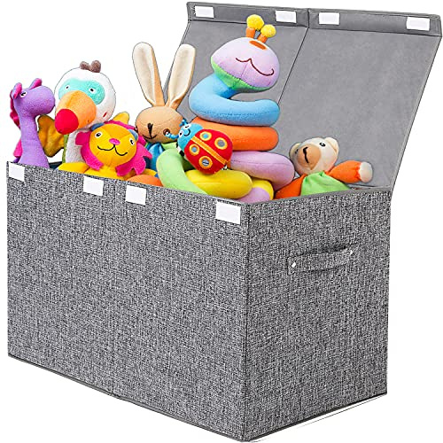 popoly Large Toy Box Storage with Lid, Collapsible Sturdy Toy Chest Storage Bin Box with Rivets Handles for Kids, Boys, Girls, Nursery, Playroom, Living Room, Bedroom, 25x 13 x 16 (Linen Gray)